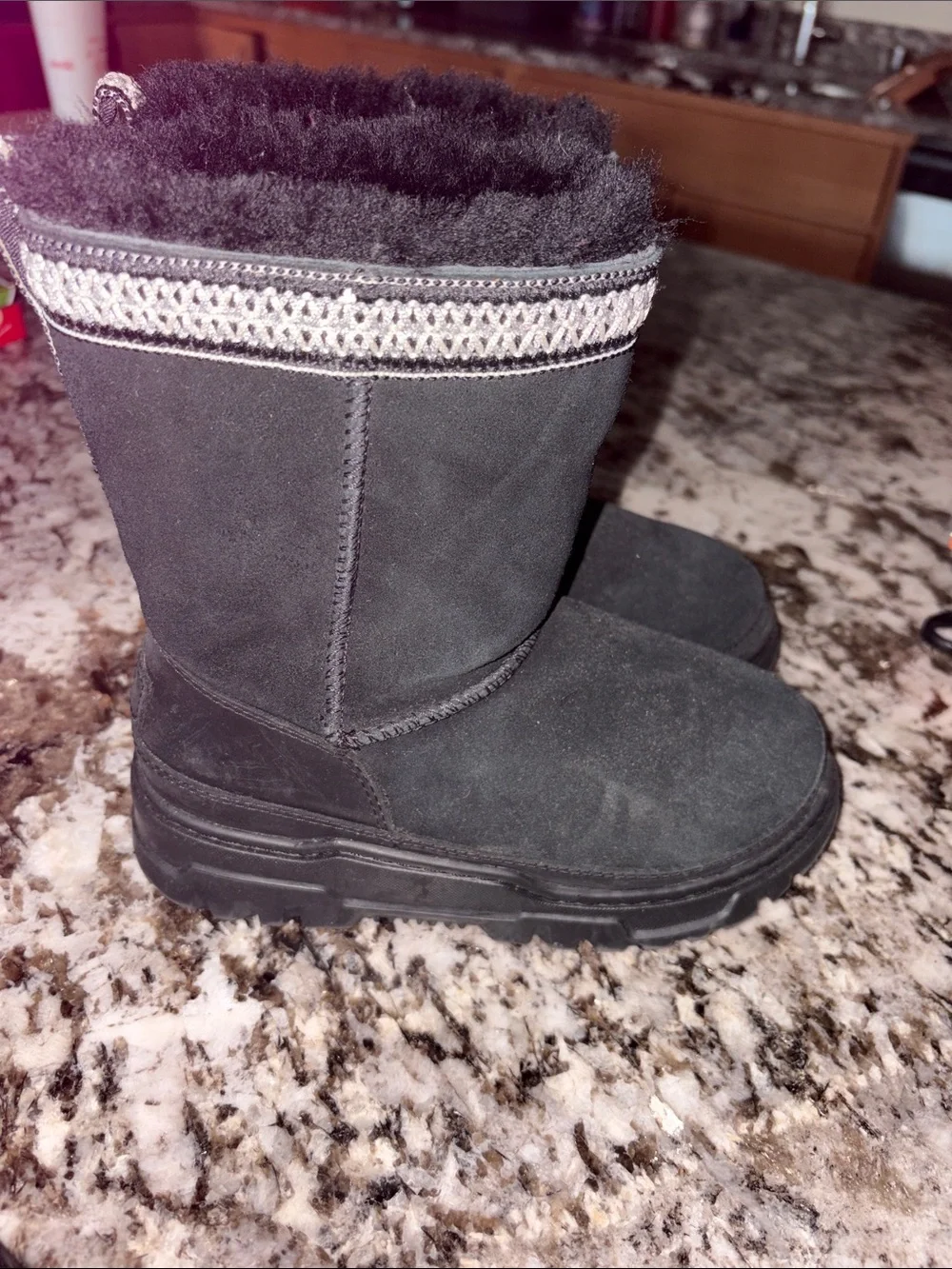 UGG Black Mid-Calf Faux Shearling Lined Boots with Decorative Trim
